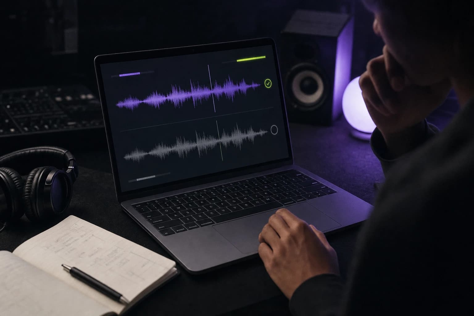 Artist comparing two unreleased audio versions on a laptop