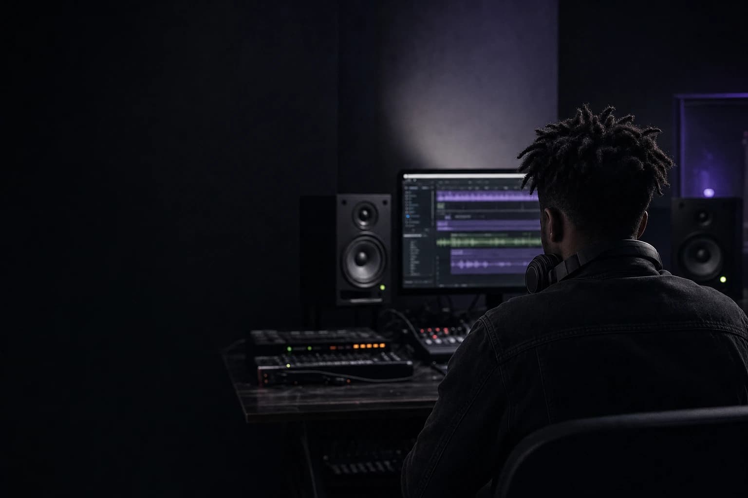 Independent artist working in a dark recording studio