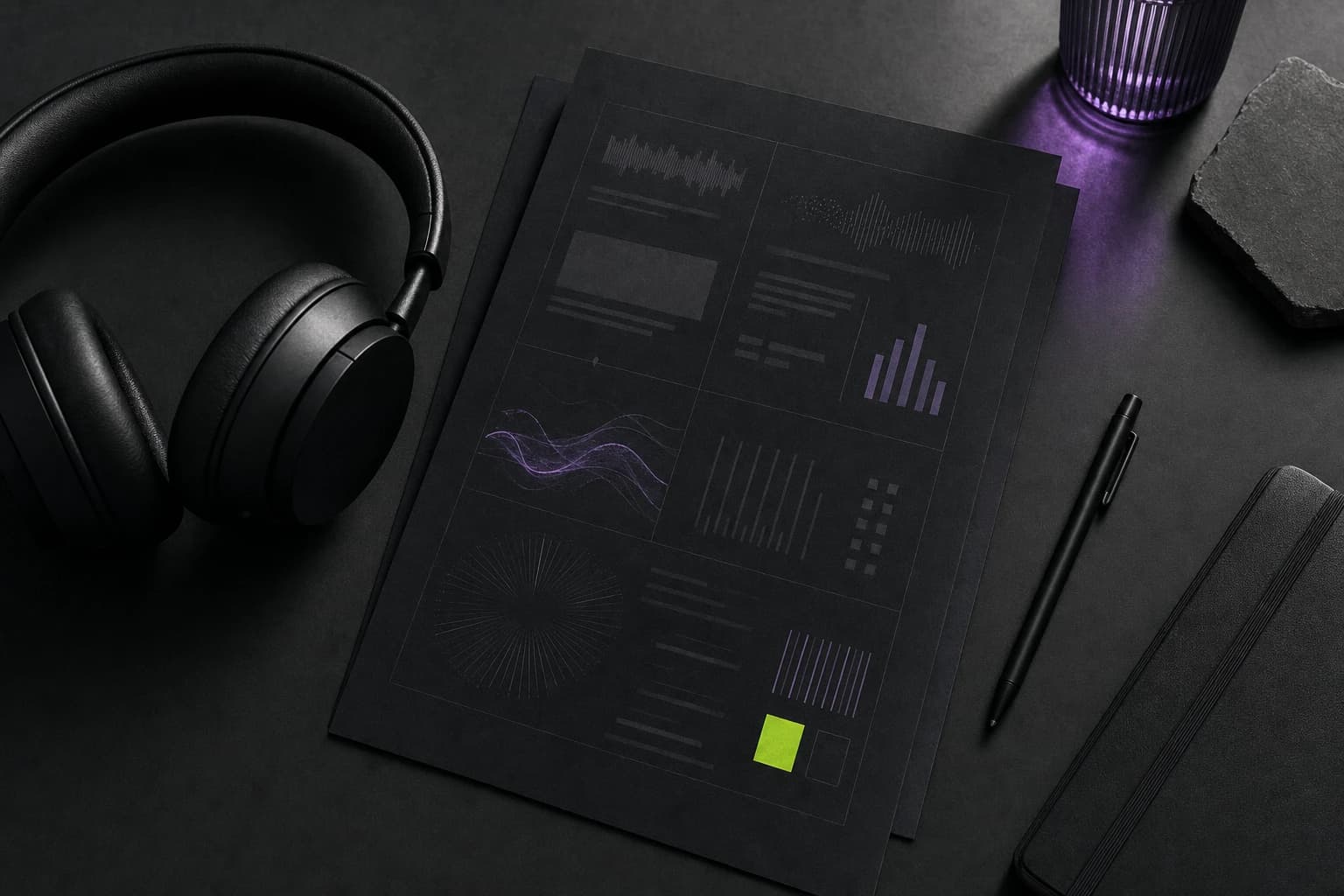 Headphones and a printed listener report on a dark studio desk